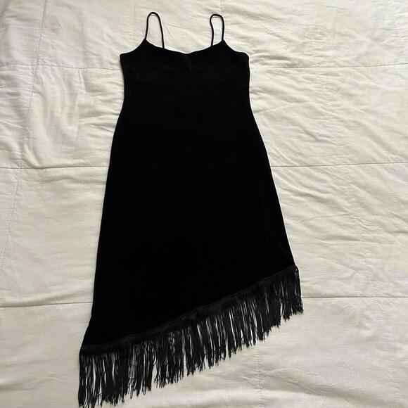 Y2K vintage Moa Moa Black velvet fringe slip asymmetrical dress Size medium - Picture 1 of 6
